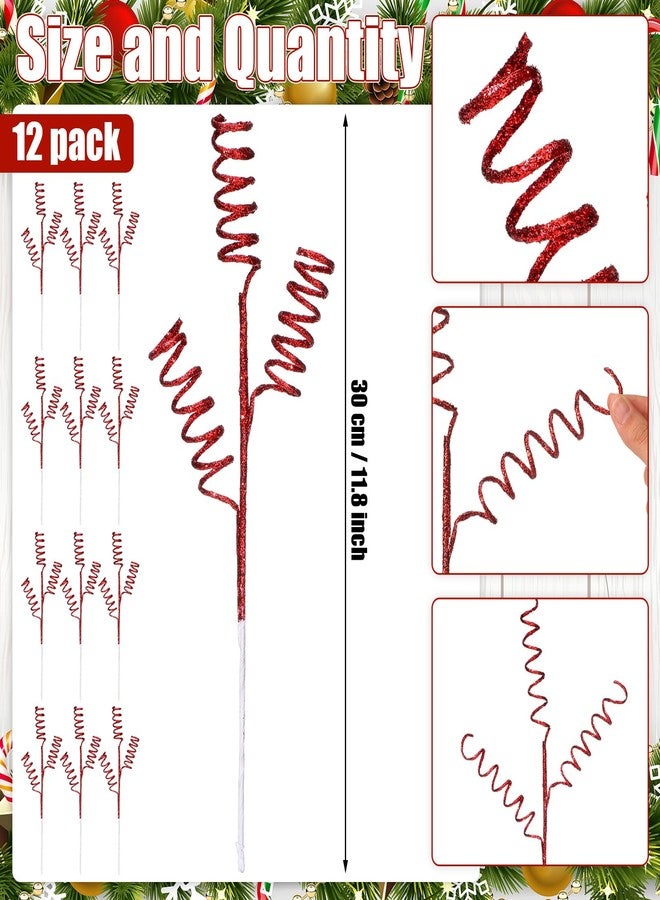Suncalla 12 Pcs Red Christmas Glitter Curly Tree Picks and Sprays for Tree 11.81" Artificial Glitter Stem Pick and Twigs Decorations Xmas Vase Filler Ornaments Topper Branch for DIY Wreath - Image 2